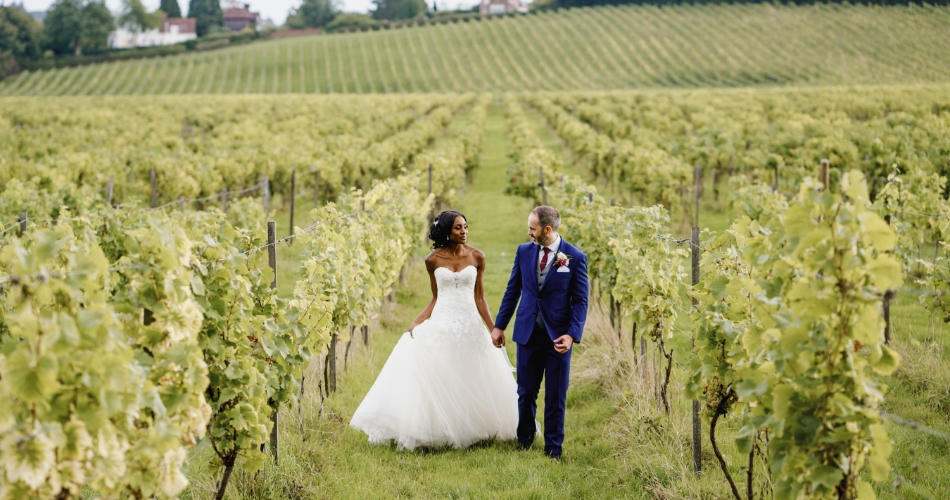 Couple walking through vineyards at Denbies Wine Estate